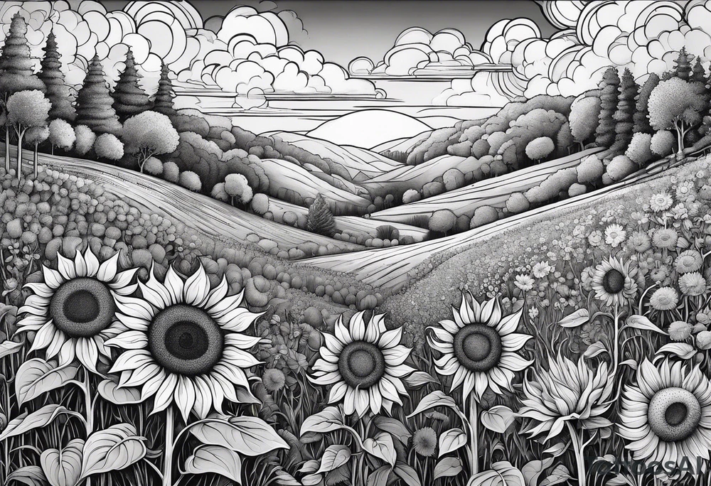 beautiful and heavily detailed sunflower meadow valley with two large bumble occupying the sky with awe inspiring cumulous clods tattoo idea