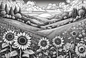 beautiful and heavily detailed sunflower meadow valley with two large bumble occupying the sky with awe inspiring cumulous clods tattoo idea