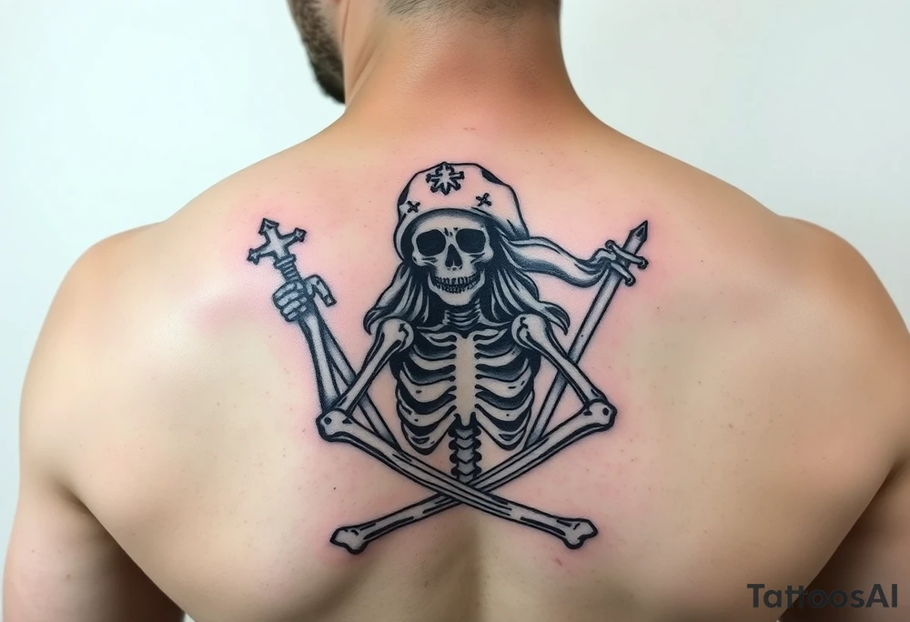 Blackbeards Jolly Roger but instead of a skeleton it’s a sexy lady tattoo idea