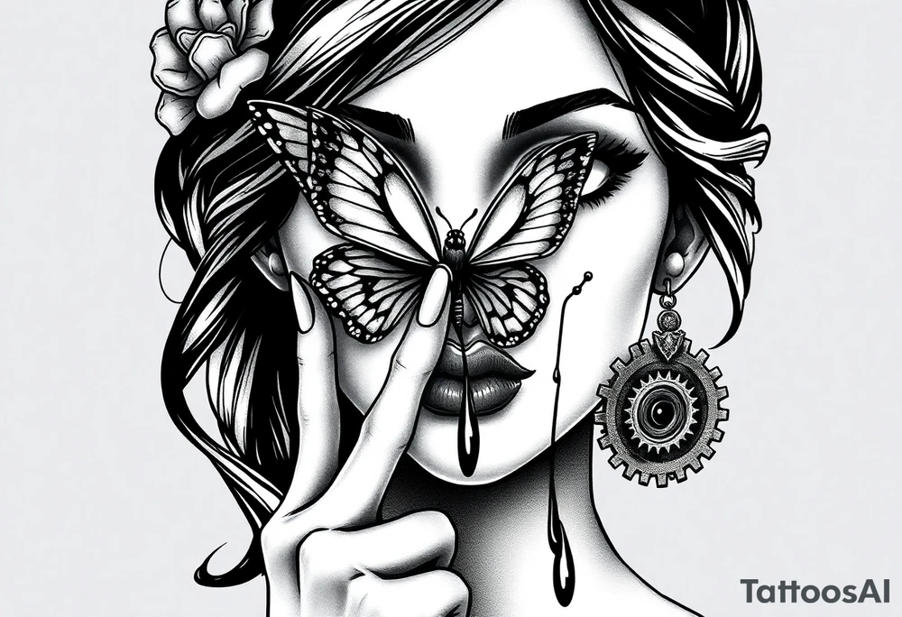 Black and grey realism tattoo design of a beautiful woman's face. And a butterfly landing g on her nose that covers her eyes  (see no evil), her left index finger is at her lips (speak no evil). Her ears are dripping blood that is steaming down her neck and cheek. The style is black and grey realism, hyper-realistic, dark, and evil. Incorporate ninja gear elements and mechanical details (gears) subtly into the background or clothing for a gear ninja evil look. Design for a full forearm sleeve placement tattoo idea