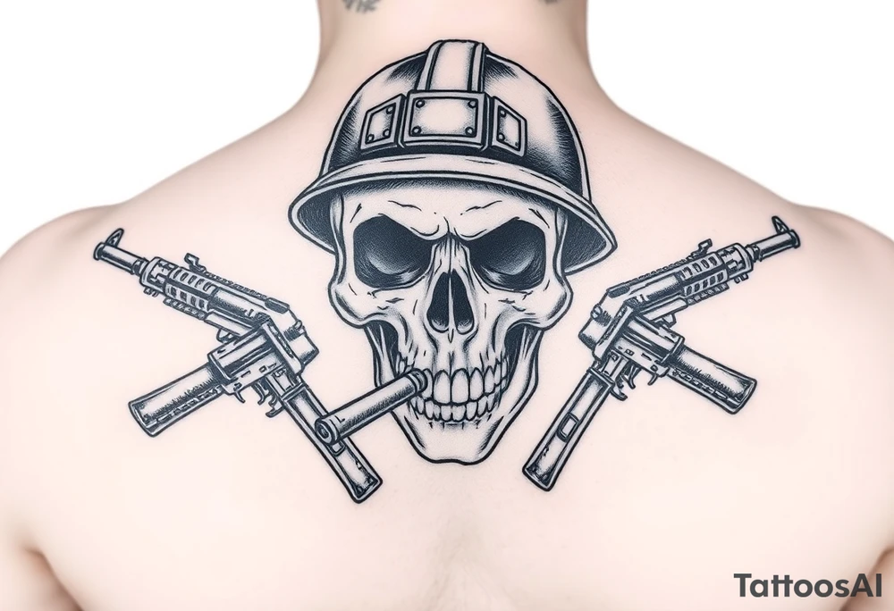 Skull wearing a soldier's helmet, crossed assault rifles behind it, cigar in mouth. tattoo idea