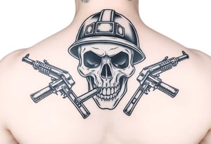 Skull wearing a soldier's helmet, crossed assault rifles behind it, cigar in mouth. tattoo idea