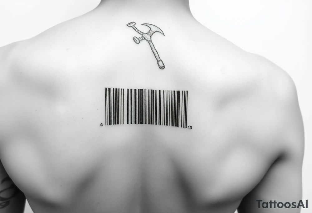 "Microrealism tattoo: barcode made of tiny hammers and sickles. Looks normal from afar, reveals details up close. 1cm height, forearm length." tattoo idea