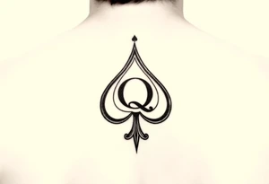 A spade womb tattoo with a Q in the center, with three points around the outside. The first reading, "BLACK". The second reading, "SEED". The third reading, "ONLY". tattoo idea