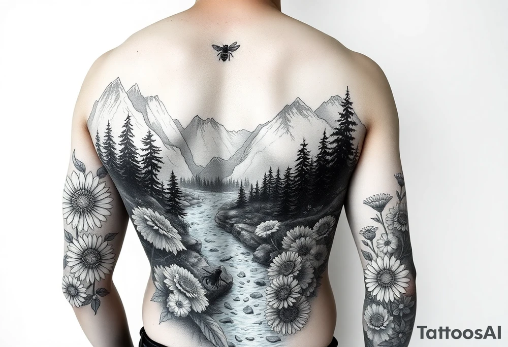 black and white full-sleeve tattoo realistic nature landscape majestic river flowing down bright mountains trees, daisies, chrysanthemums a real bee on one flower a large compass on the forearm tattoo idea