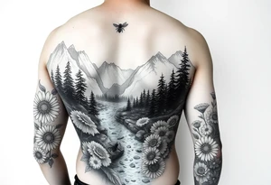 black and white full-sleeve tattoo realistic nature landscape majestic river flowing down bright mountains trees, daisies, chrysanthemums a real bee on one flower a large compass on the forearm tattoo idea