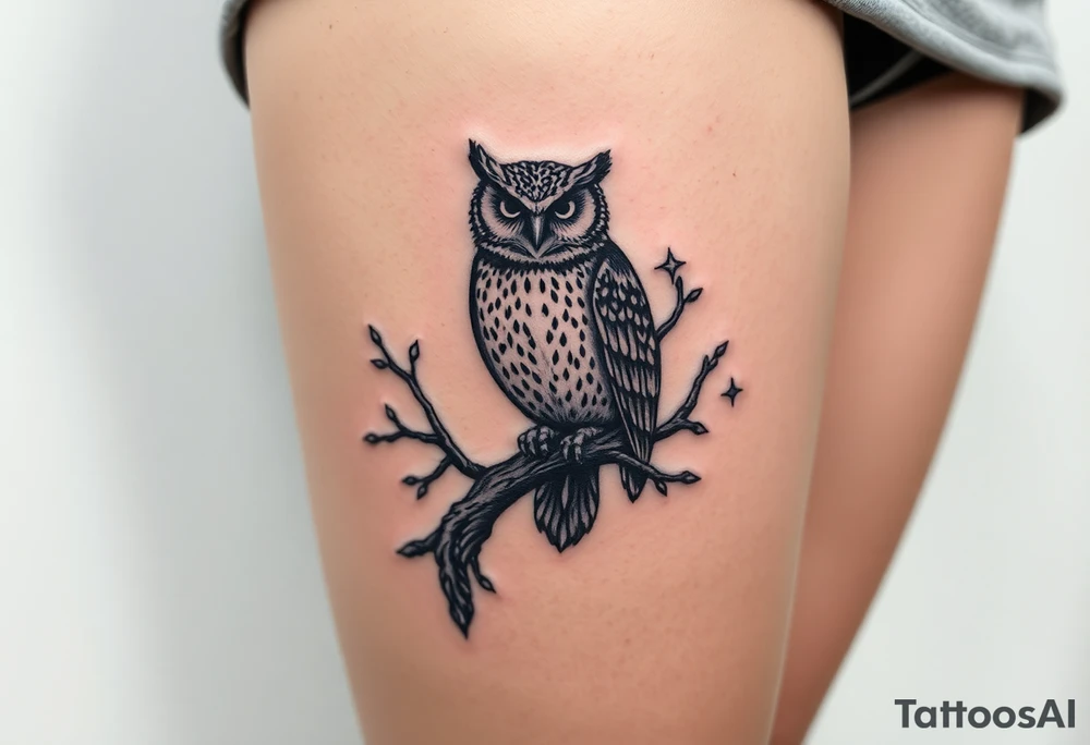wise owl perched on ancient oak branch under starlit sky tattoo idea