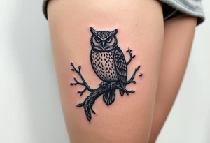 wise owl perched on ancient oak branch under starlit sky tattoo idea