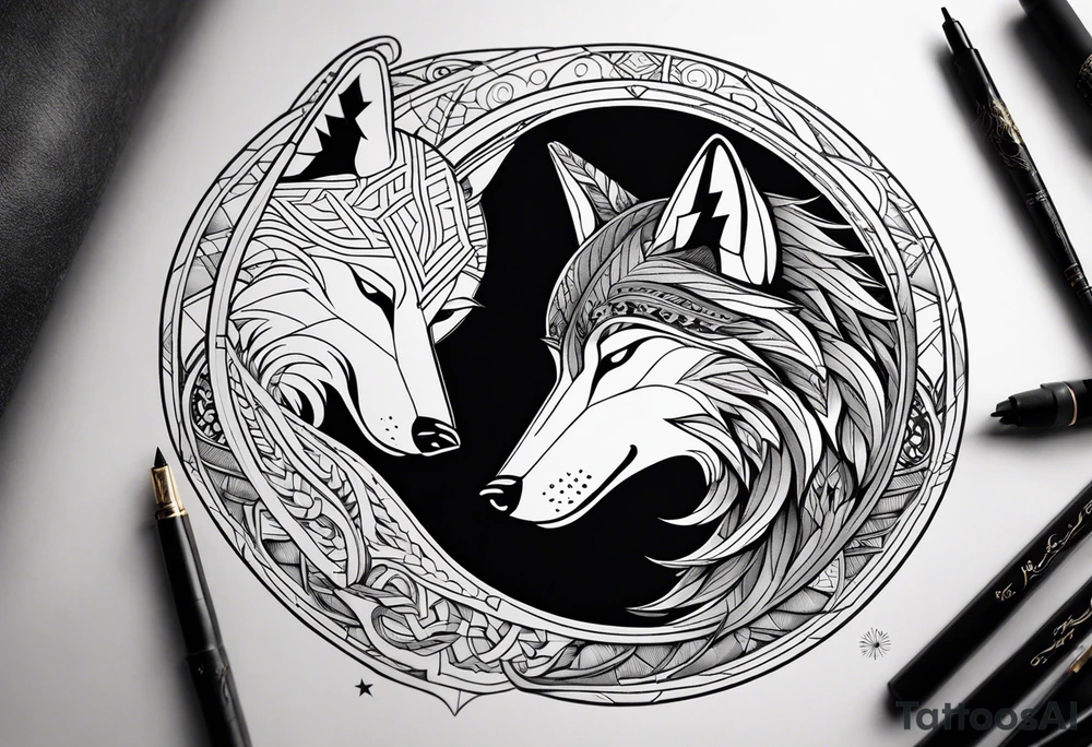 Two wolves—Sköll and Hati—one chasing the sun and the other chasing the moon. You could position them on opposite sides of a circular design with the sun rising and the moon setting at the top and bottom. tattoo idea