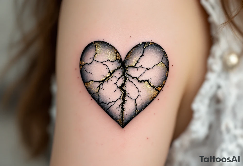 A heart made of porcelain, cracked and repaired with gold (Kintsugi style), showing that healing makes us stronger. tattoo idea