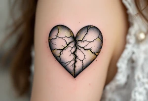 A heart made of porcelain, cracked and repaired with gold (Kintsugi style), showing that healing makes us stronger. tattoo idea