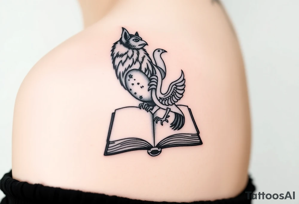 An open book with silhouettes of a werewolf, owl, dragon & phoenix above it tattoo idea