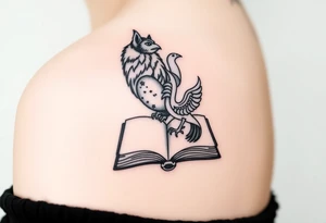 An open book with silhouettes of a werewolf, owl, dragon & phoenix above it tattoo idea