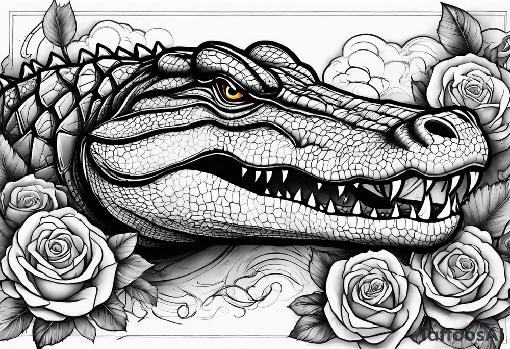 Make an arm sleeve with alligators and lightning bolts with roses scattered tattoo idea