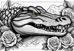Make an arm sleeve with alligators and lightning bolts with roses scattered tattoo idea