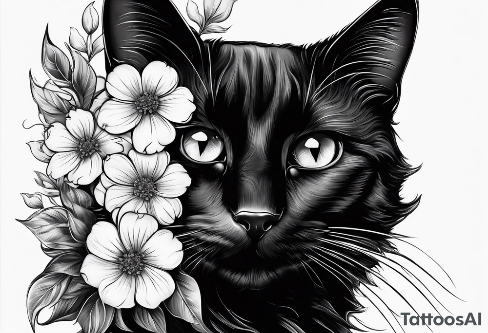 Photo realistic black cat head only facing forward add flowers around the cat tattoo idea