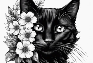 Photo realistic black cat head only facing forward add flowers around the cat tattoo idea