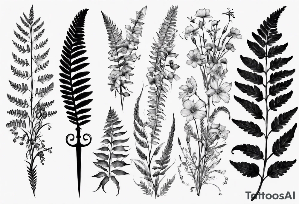 Sword fern and wildflowers tattoo idea