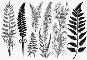 Sword fern and wildflowers tattoo idea