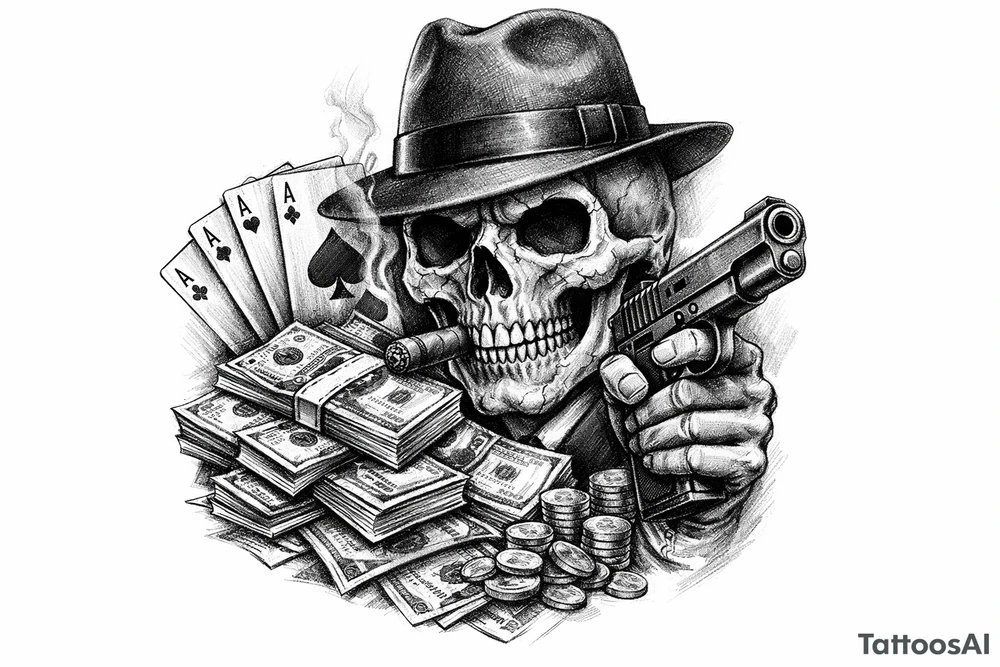 skull with gangster-hat,cigar in his mouth,gun in a hand,playing cards,a lot of money. tattoo idea