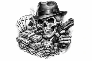 skull with gangster-hat,cigar in his mouth,gun in a hand,playing cards,a lot of money. tattoo idea