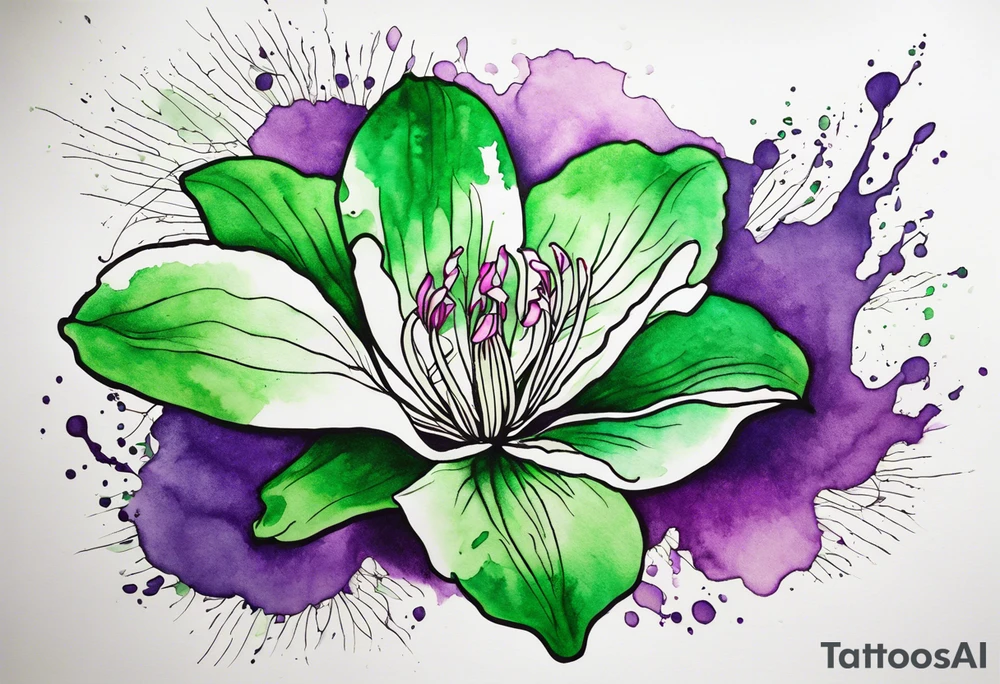 An outline of a green rio dipladenia flower and a green and purple watercolor splash in the background tattoo idea