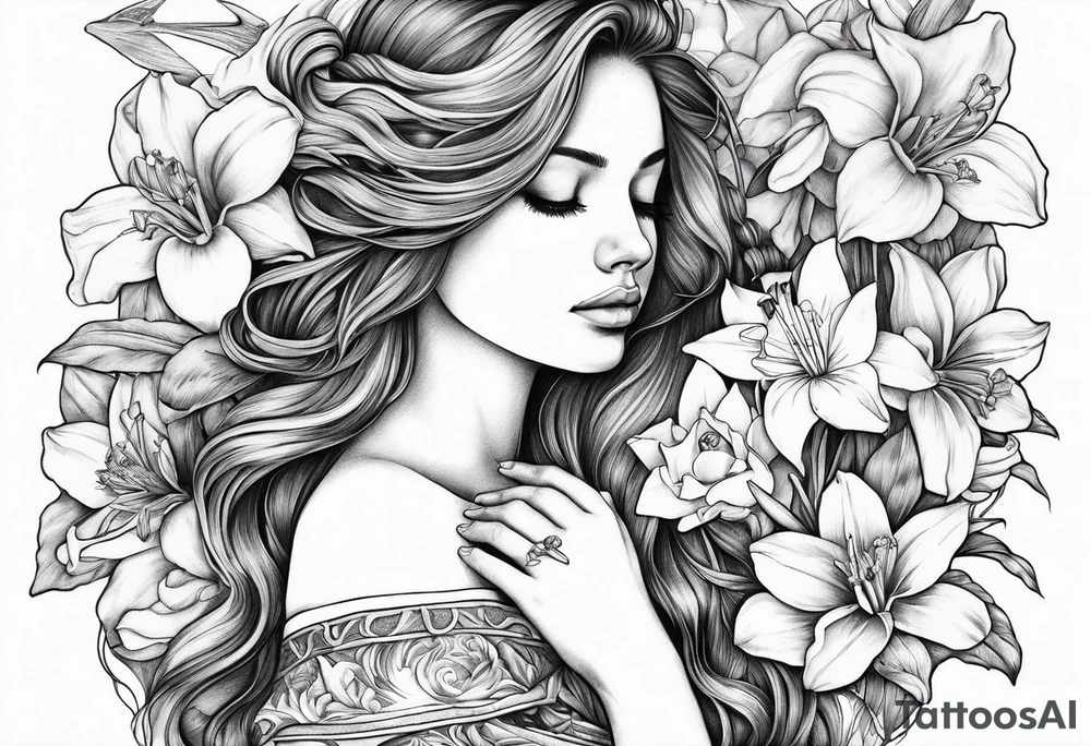 off shoulder 
sad crying angel with head down and face covered by her hair surrounded by lily, daffodil, rose, daisy, narcissus holding a hummingbird tattoo idea