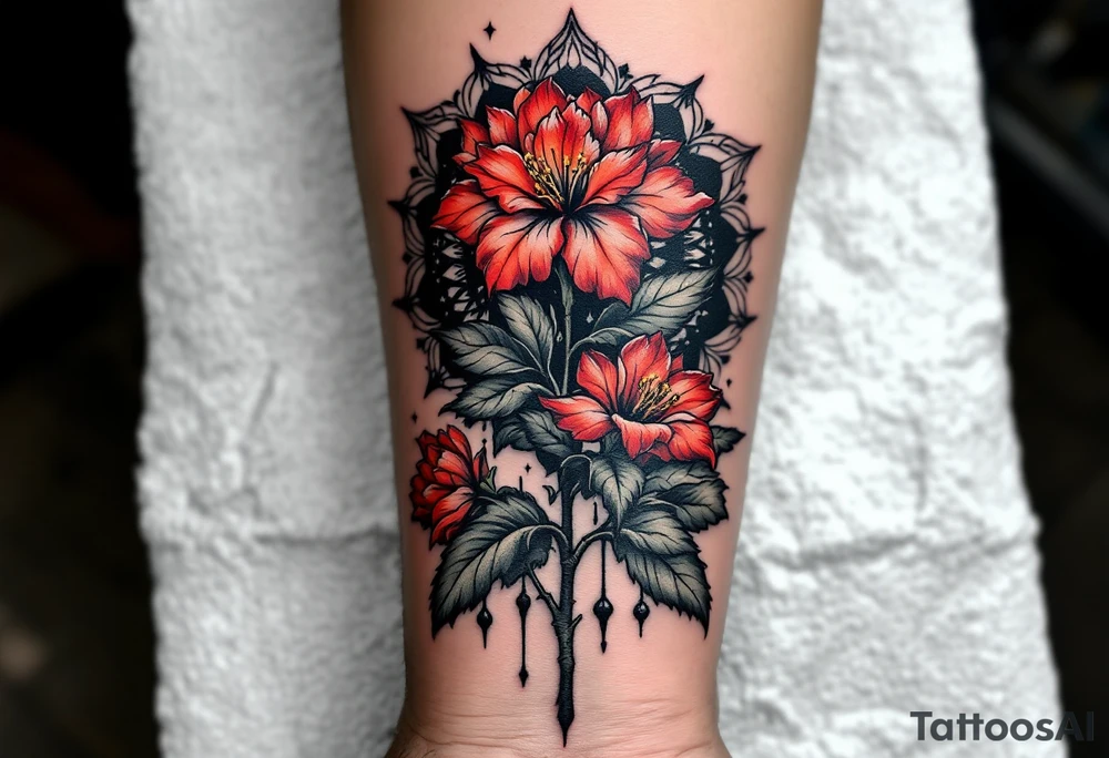 red  and black rhododendron trippy with mandala behind tattoo idea
