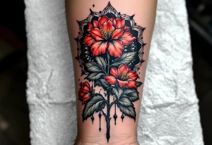 red  and black rhododendron trippy with mandala behind tattoo idea