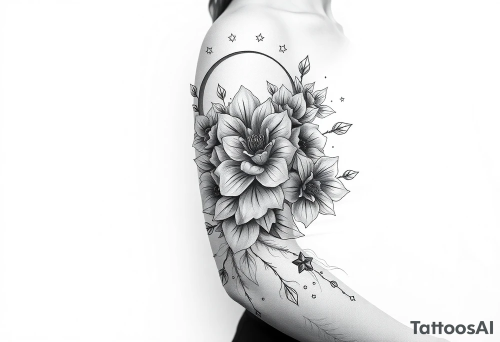 Flower sleeve surrounded by moon and star design for arm tattoo idea Flower sleeve surrounded by moon and star design for arm tattoo idea