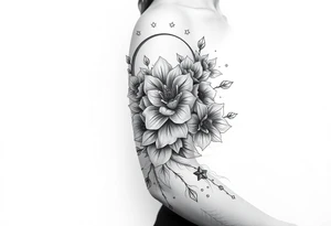 Flower sleeve surrounded by moon and star design for arm tattoo idea