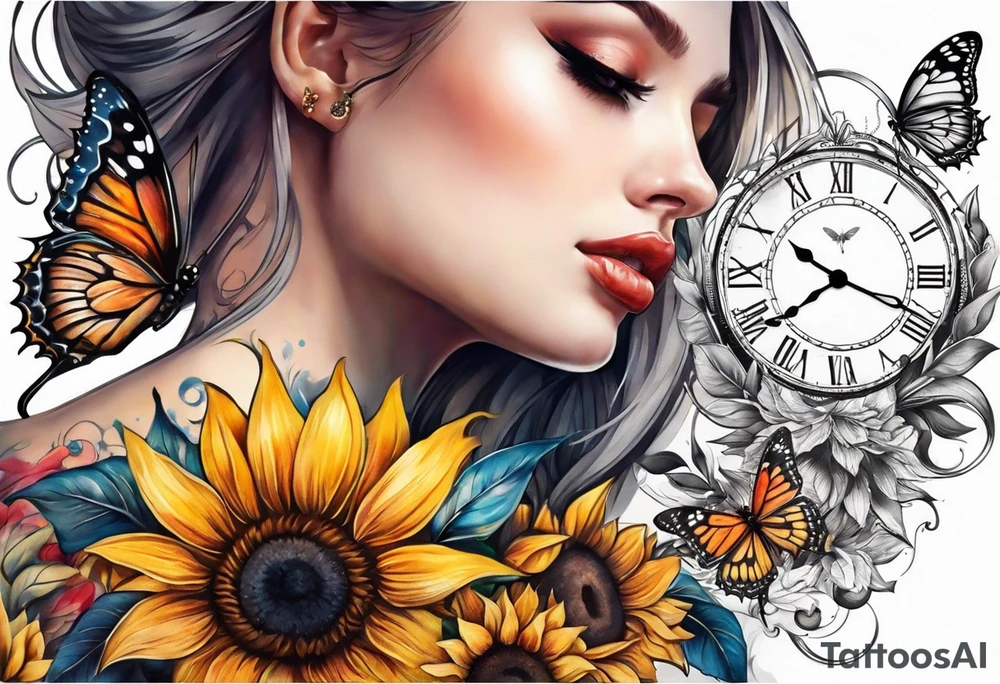 Sleeve with clock, sunflower and butterfly tattoo idea