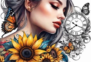 Sleeve with clock, sunflower and butterfly tattoo idea