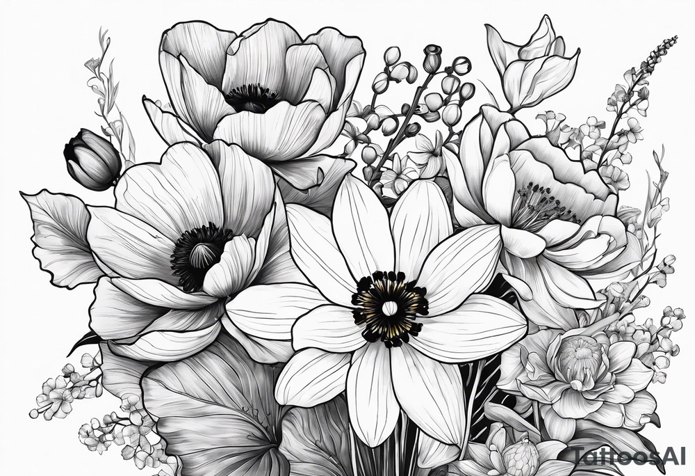 Poppy, water lily, Lily of the valley, daffodil, cosmo flower bouquet, portrait style tattoo idea