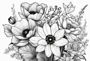 Poppy, water lily, Lily of the valley, daffodil, cosmo flower bouquet, portrait style tattoo idea