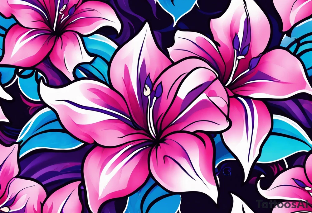 brushstroke abstract pink, purple, and blue mandevilla flowers on a vine, with color leaking out into the background. SOme of the flowers should be full color, and some just linework. It should have a handdrawn, sketch feel. tattoo idea