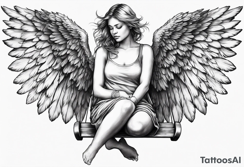 angel on swing with sagging wings, head down tattoo idea