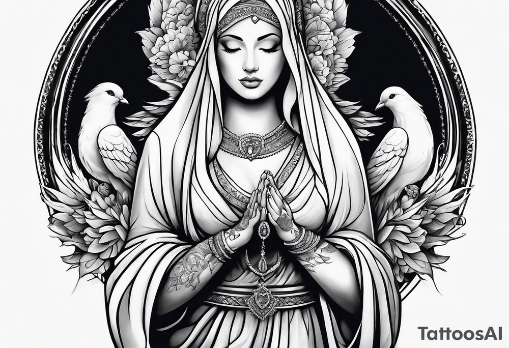 Woman praying hands with doves, full sleeve tattoo idea