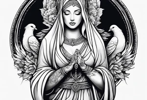 Woman praying hands with doves, full sleeve tattoo idea