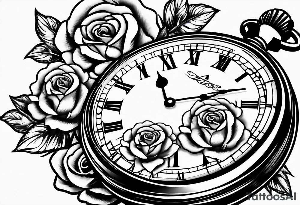 Pocket watch with chain and roses tattoo idea