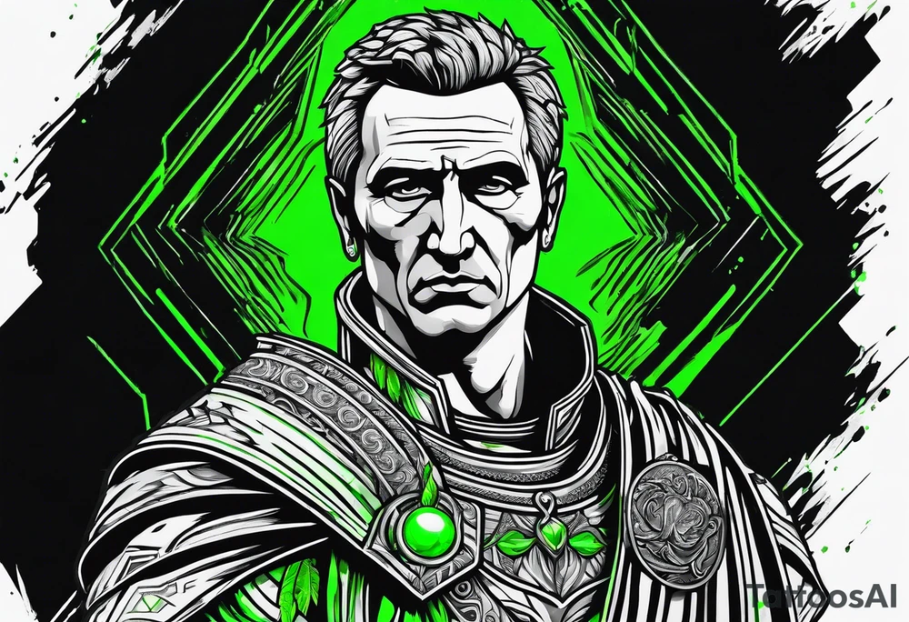 Julius Caesar tattoo with streaks of neon green lightning tattoo idea