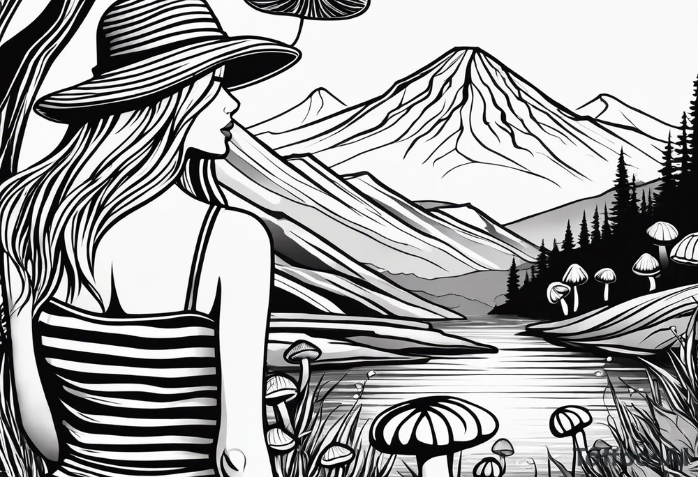Straight long blonde hair girl standing in right corner in distance holding mushrooms in hand facing away toward mountains and creek surrounded by mushrooms black and white striped dress tattoo idea