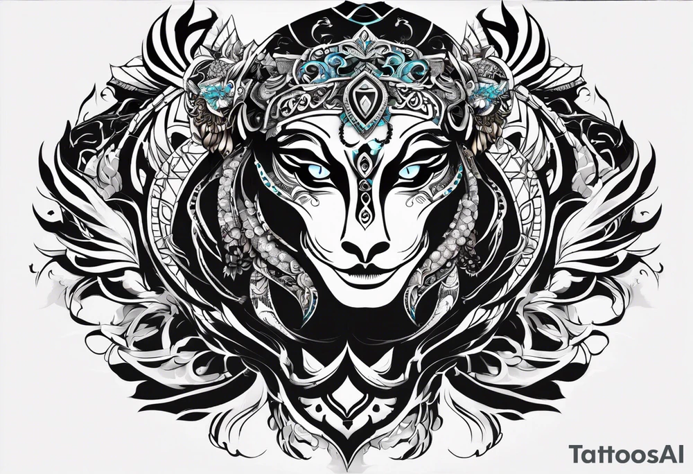 kali ma, alien goddess, valkrye, aries, cosmic pirate, divine feminine, zenza resonance, pachamama, lotus azul, blank panther, eagle, skull, 5D, nueva gaya, dna 12, left side chest tatoo tattoo idea