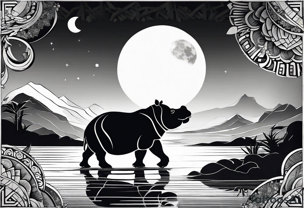 Asymmetrical, geometric, chinese ink art touch, hippo , full moon, tribal, orientation portrait tattoo idea