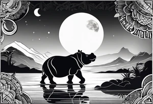 Asymmetrical, geometric, chinese ink art touch, hippo , full moon, tribal, orientation portrait tattoo idea