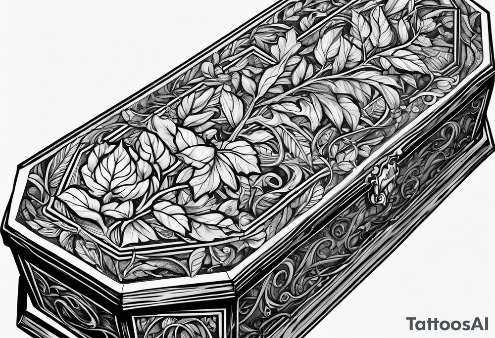 Coffin surrounded leafy vines tattoo idea