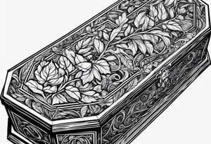 Coffin surrounded leafy vines tattoo idea