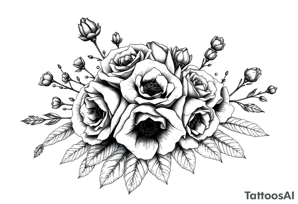 vintage bouquet of wild roses and meadow flowers with morning dew tattoo idea