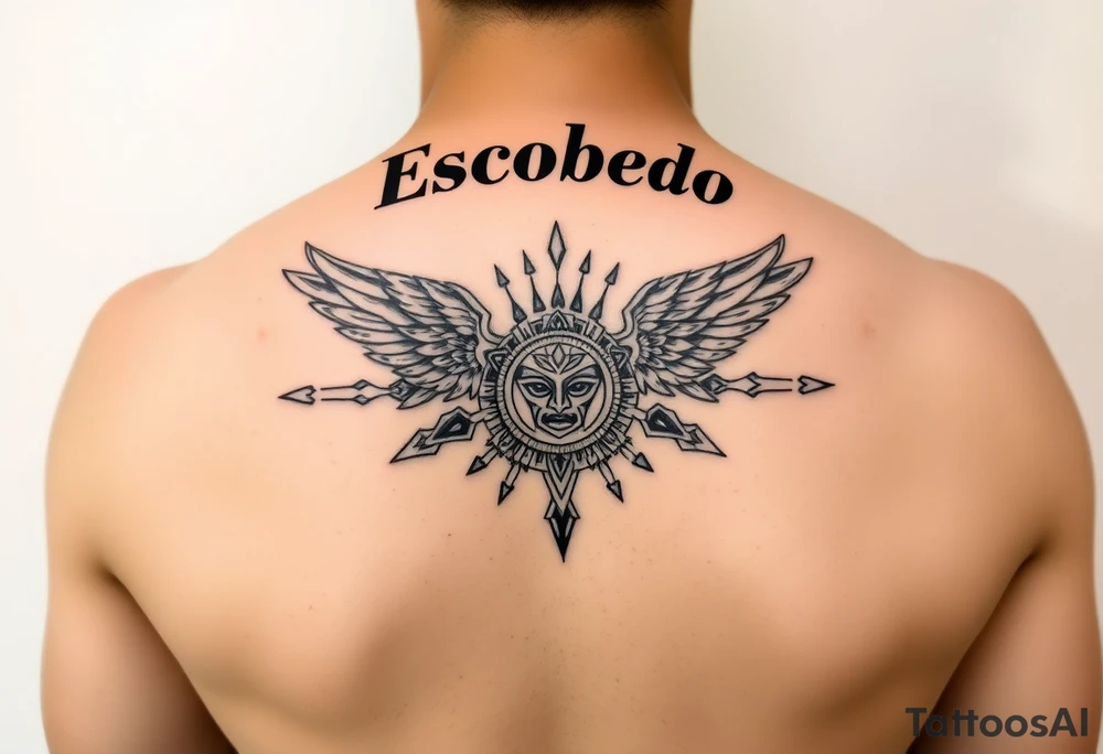 "A symmetrical Aztec or Mexican tribal pattern, incorporating geometric shapes, warrior masks, and sun symbols. The design is centered just below the bold 'Escobedo' name across the shoulders, maintaining a balanced and culturally meaningful aesthetic." tattoo idea