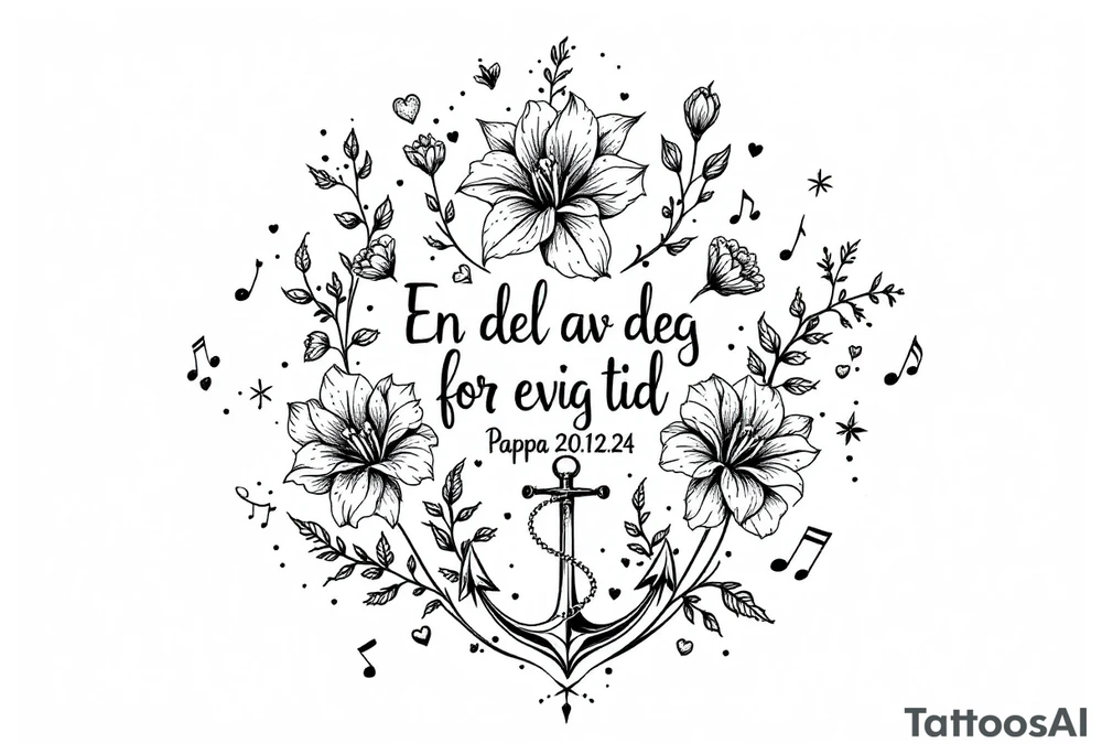 «En del av deg for evig tid
Pappa 20.12.24» Surrounded by long gladiolus, hearts, notes and an anchor tattoo idea